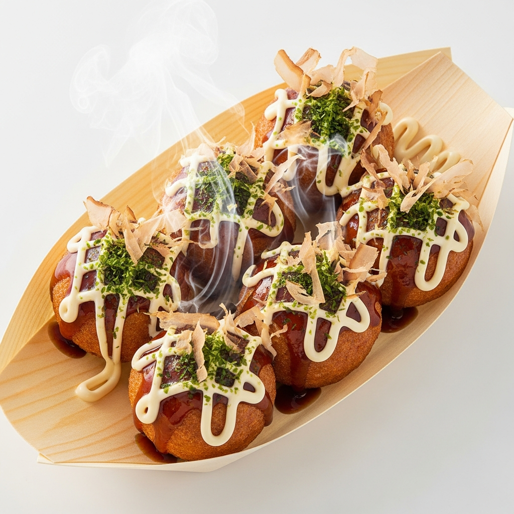 Delicious takoyaki balls topped with sauce and bonito flakes
